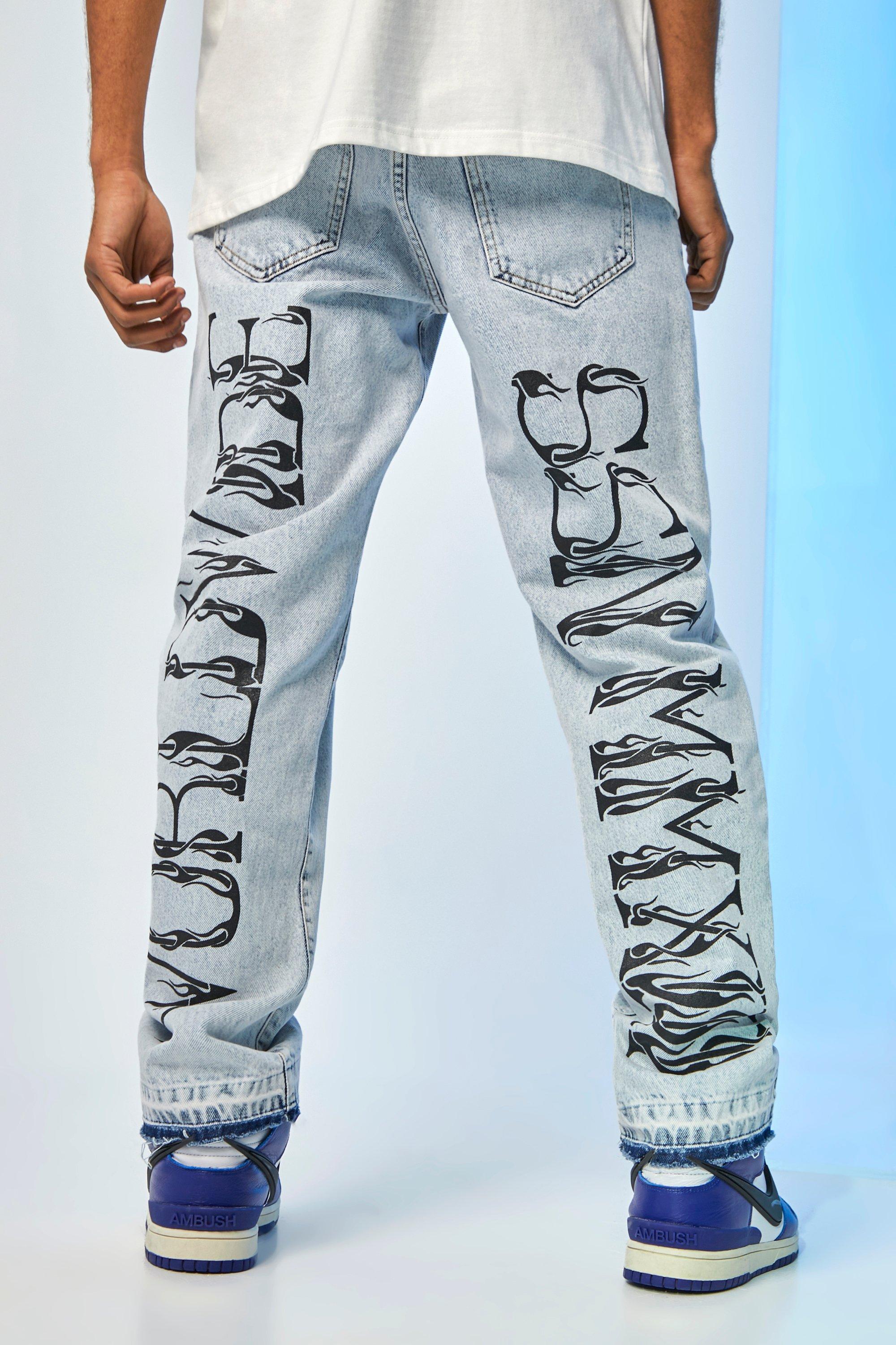 Relaxed Fit Back Print Jean With Let Down Hem | boohooMAN USA